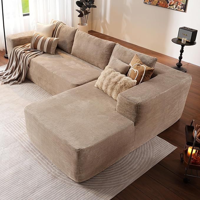 ovios 104" Cloud Boneless Couch with L-Shape Chaise,Modern Sectional Modular Sofa with Deep Seat, Upholstered Couches for Living Room Bedroom,No Assembly Required, Camel (Corduroy Fabric)