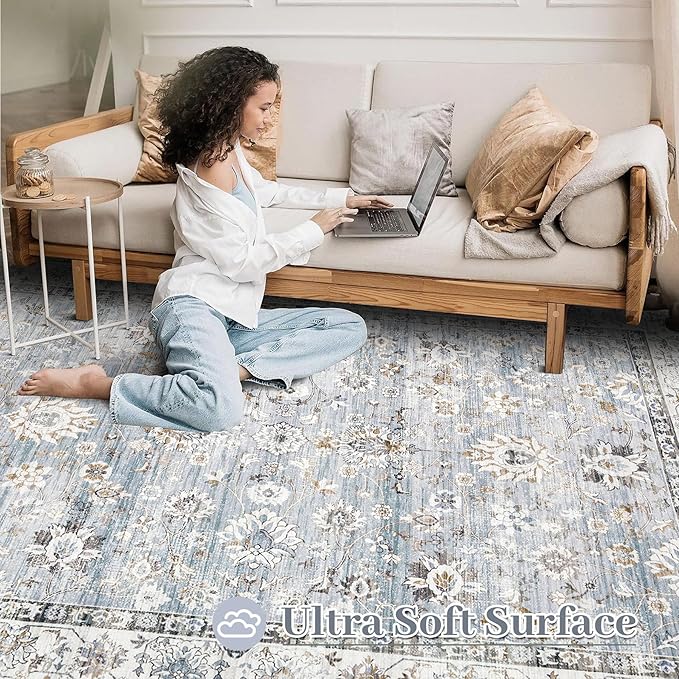 XLUEZ Area Rug 8x10 Living Room Rug, Machine Washable Vintage Distressed Boho Area Rug Non-Slip Soft Low Pile Large Indoor Rugs for Bedroom Kitchen Dining Room Office(Light Blue,8'x10')