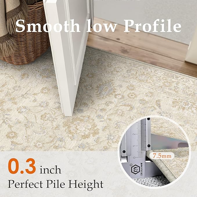 8x10 Beige Washable Area Rug for Living Room Bedroom Neutral Soft Floral Non Slip Large Throw Rug Lightweight Vintage Low Pile Distressed Carpet Office Playroom Dining Room Home Decor