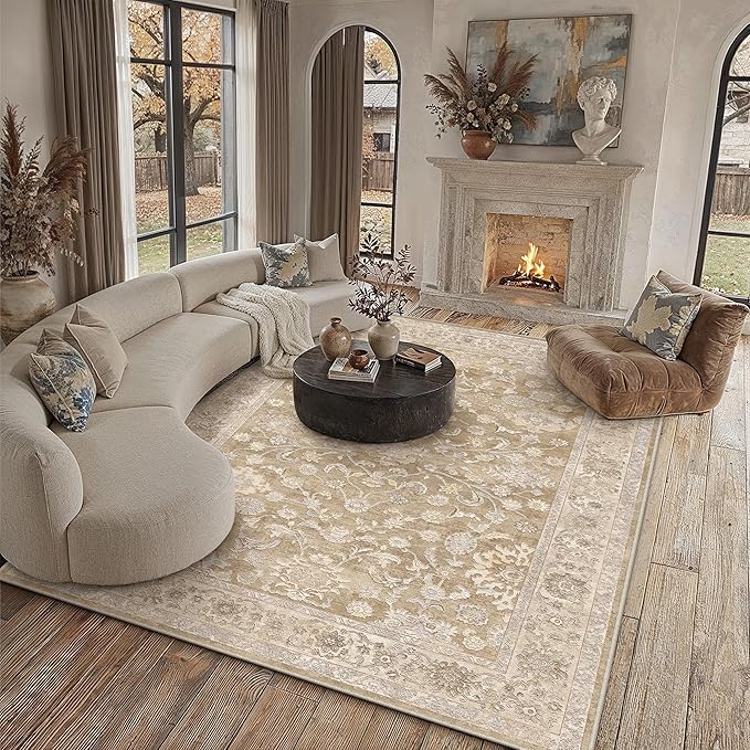 8x10 Taupe Washable Area Rug for Living Room Bedroom Neutral Soft Floral Non Slip Large Throw Rug Lightweight Vintage Low Pile Distressed Carpet Office Playroom Dining Room Home Decor