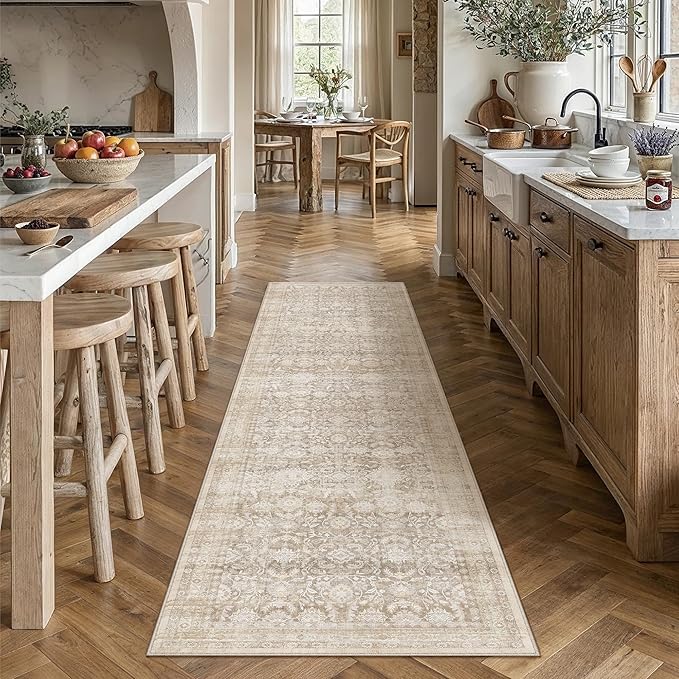 3x8 Beige Washable Neutral Runner Rug for Living Room Floral Non Slip Low Pile Runner Indoor Vintage Traditional Stain Resistant Distressed Carpet Kitchen Bedroom Dining Room Hallway Bathroom
