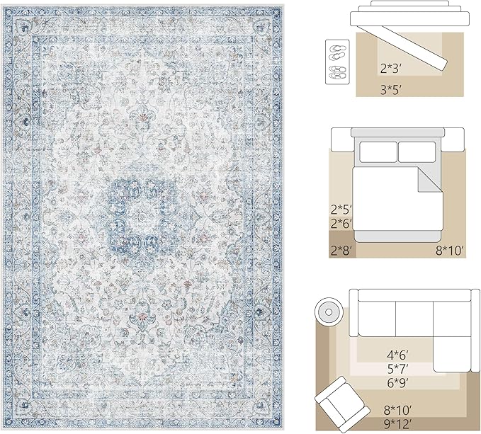 FMFUNCTEX 2x6 Hallway Runner Rug Blue Vintage Washable Distressed Oriental Non Slip Low Pile Neutral Indoor Carpet Retro Antique Thin Entryway Rug for Kitchen Bedroom Bedside Laundry Entry Bathroom