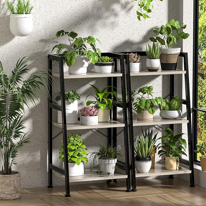 3-Tier Bookshelf, Ladder Shelf, Stand up Shelves, Industrial Bookcase with Steel Frame, Metal Small Bookcase, for Living Room, Home Office, Kitchen, Bedroom, Industrial Style（Greige & Black）
