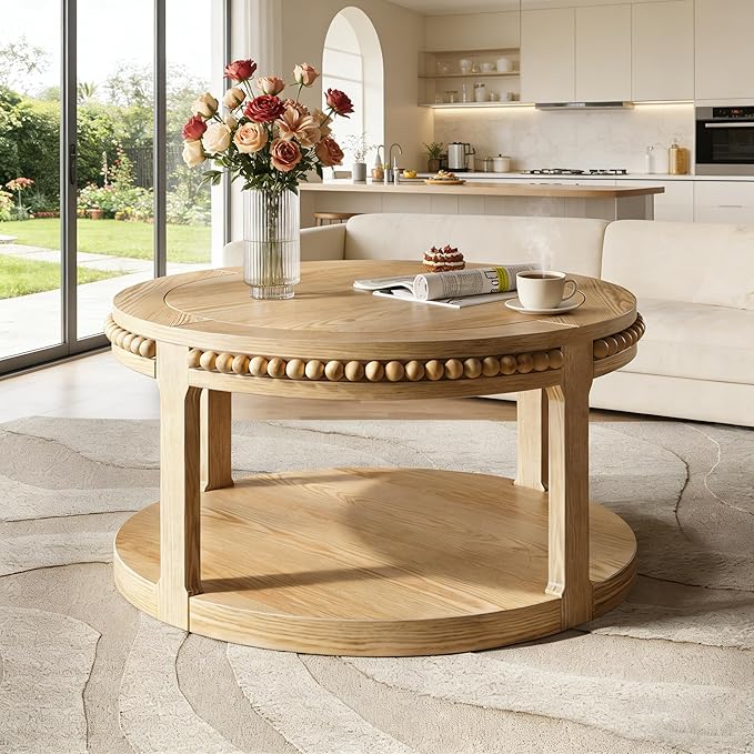 31.5" Round Wood Coffee Table, 2 Tier Modern Center Table,Solid Wood+MDF, Easy Assembly, Accent Table for Living Room, Apartment, Small Space. (Natural Wood)