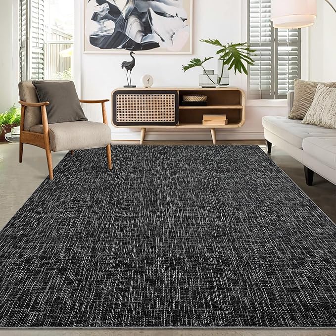 RUGSREAL Area Rug 5x7 Machine Washable Area Rug for Living Room Non-Slip Stain Resistant Modern Abstract Bedroom Rug Contemporary Solid Throw Rug Foldable Accent Floor Carpet for Dining Room, Black