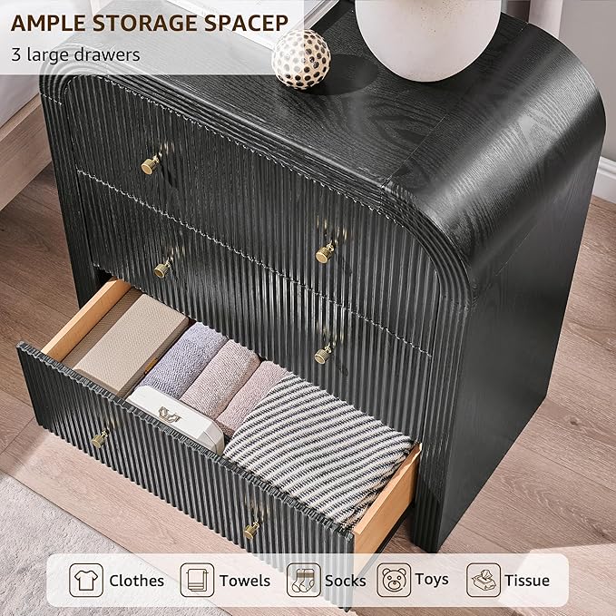 T4TREAM Fluted Dresser with 3 Drawers, 32" Tall Modern Chest of Drawers with Thickened Curved Profile Design, Wood Closet Clothes Storage Organizer for Bedroom, Living Room, Hallway, Black Oak