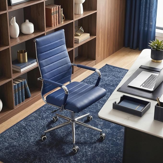 Okeysen Navy Blue Office Desk Chair, Ergonomic Leather Modern Conference Room Chairs, Executive Ribbed Height Adjustable Swivel Rolling Chair for Home Office.