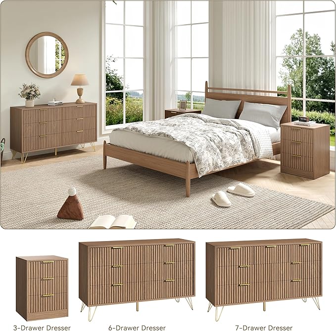 Fluted 6 Drawers Dresser for Bedroom, Wood Dressers with Scratch-Proof Golden Handles, Natural Curved Profile, Modern Double Chest for Living Room, Hallway, Entryway, Natural Oak