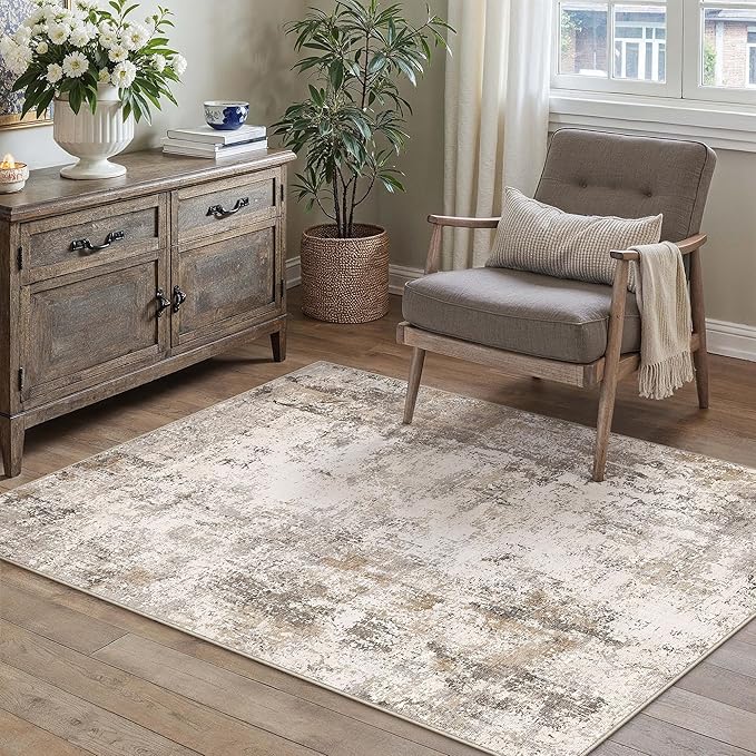 3x5 Washable Area Rug Brown Grey Abstract Non Slip Soft Low Pile Rug for Entryway Kitchen Bathroom Neutral Modern Throw Carpet for Living Room Bedroom Home Decor