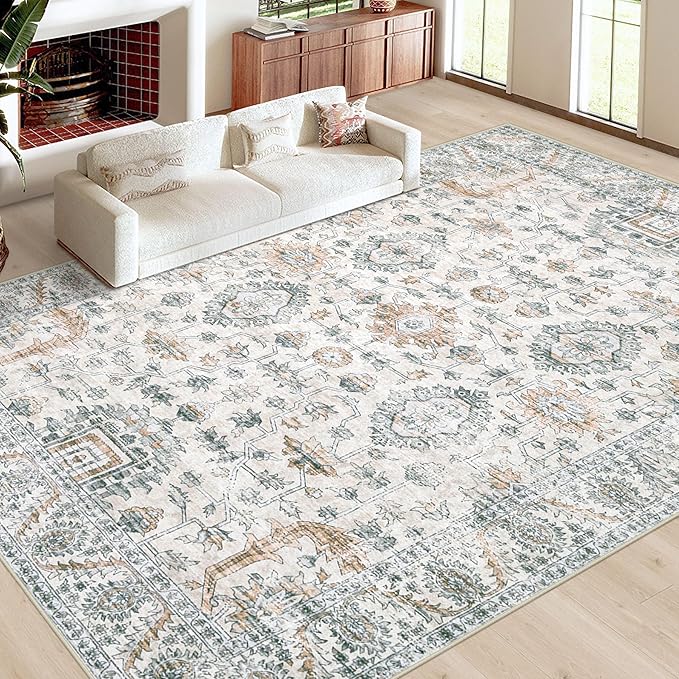XLUEZ Area Rug 10x14 Living Room Rugs, Machine Washable Vintage Distressed Boho Area Rug Non-Slip Soft Low Pile Large Indoor Rugs for Bedroom Kitchen Dining Room Office(Brown Green,10'x14')