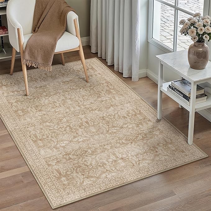PureCozy 3x5 Area Rug Washable Entryway Office Vintage Carpet Indoor Non Slip Small Low Plie Thin Bedroom Kitchen Light Brown Rug Retro Accent Throw Living Dining Room Bathroom