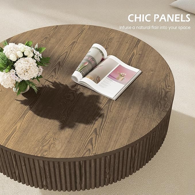 YOUDENOVA 35” Round Fluted Coffee Table, Modern Wood Circle Coffee Table, Veneer Handcrafted Relief Tea Table with Sturdy Pedestal for Living Room, Easy Assembly - Brown