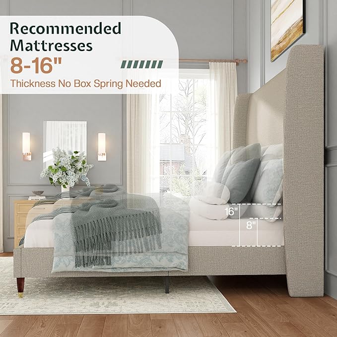 Jocisland Full Size Bed Frame 51.2" Wingback Headboard Linen Upholstered Platform Bed with Solid Wood Legs & Wooden Slats, No Box Spring Needed, Modern Minimalist Style, Easy Assembly, Brown