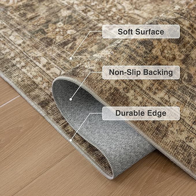 FMFUNCTEX 2x10 Runner Rug Brown Washable Vintage Neutral Distressed Non Slip Low Pile Indoor Carpet Retro Floral Hallway Entryway Rug for Kitchen Living Room Bedroom Bathroom Laundry Entry Bedside