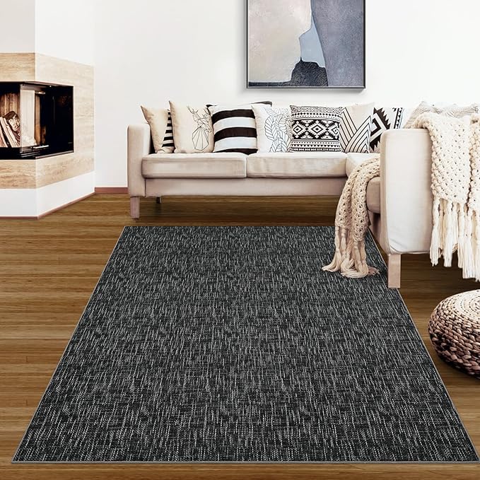 RUGSREAL 8x10 Washable Rug for Living Room Non-Slip Modern Abstract Area Rug Stain Resistant Large Bedroom Rug Contemporary Accent Throw Floor Carpet Solid Rug for Dining Room Home Decor, Black