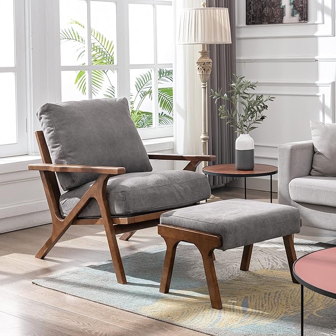 chairus Mid-Century Modern Accent Chair with Ottoman, Comfy Upholstered Lounge Armchair with Removable Cushions & Solid Wood Frame, Reading Chair for Living Room Bedroom Office, Grey Denim Fabric