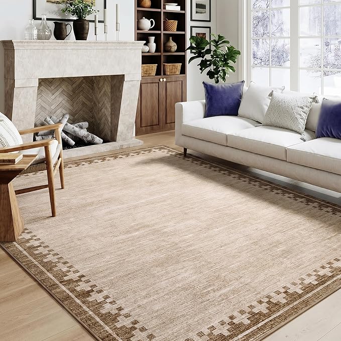 GarveeHome 8x10 Brown Bordered Living Room Rug Modern Non Slip Low Pile Carpet for Dining Room Home Office Geometric Minimalist Neutral Rugs for High Traffic Area, Beige