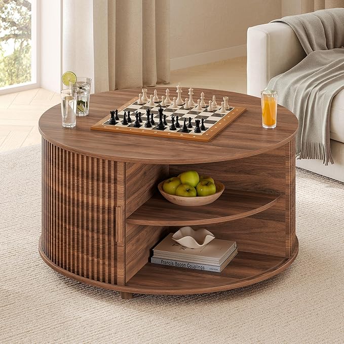 Round Lift Top Coffee Table, 34.6" Modern Coffee Table with 180° Curved Sliding Door, Fluted Accent Coffee Tables with Hidden Storage and Open Shelves, for Living Room, Office, Walnut
