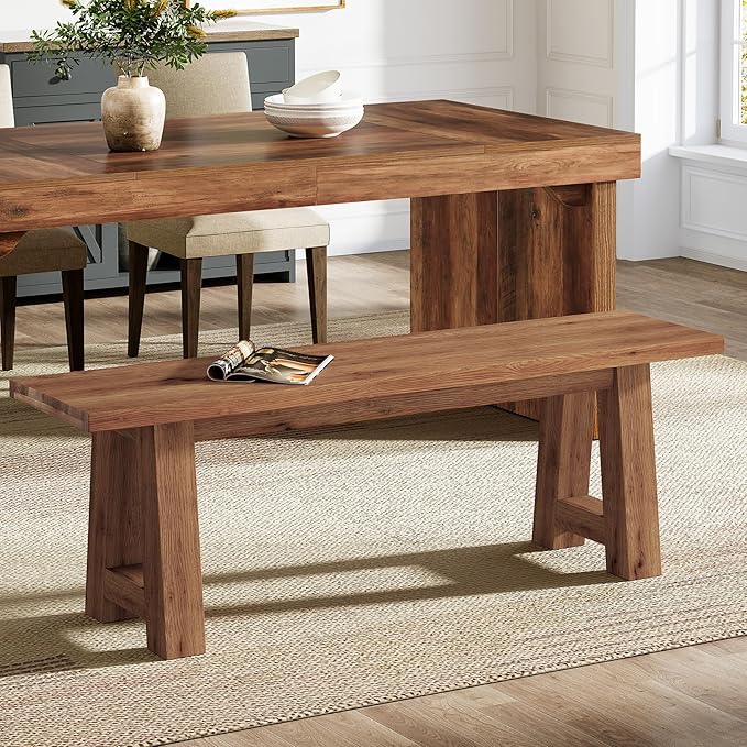 55" Solid Wood Entryway Bench, Farmhouse Long Wood Bench Dining Seat for Living Room, Dining Room, Hallway, Rustic Brown