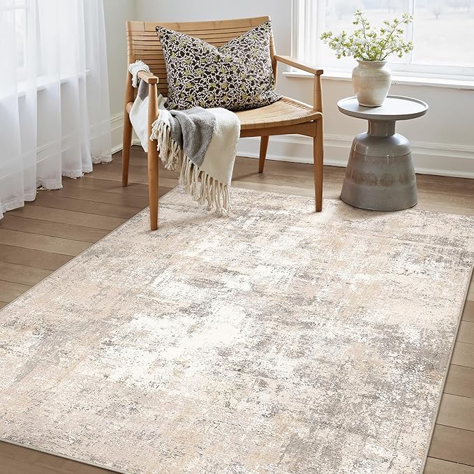 3x4 Washable Area Rug Beige Grey Abstract Non Slip Soft Low Pile Rug for Entryway Kitchen Bathroom Neutral Modern Throw Carpet for Living Room Bedroom Home Decor
