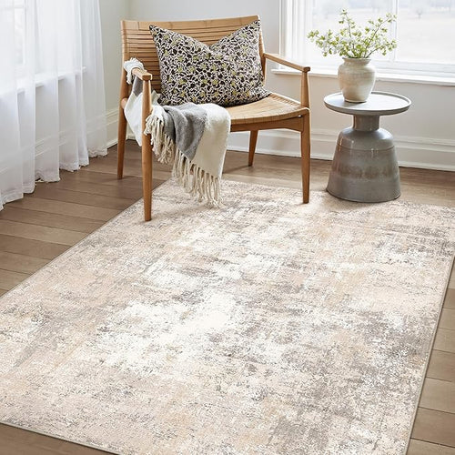 3x4 Washable Area Rug Beige Grey Abstract Non Slip Soft Low Pile Rug for Entryway Kitchen Bathroom Neutral Modern Throw Carpet for Living Room Bedroom Home Decor