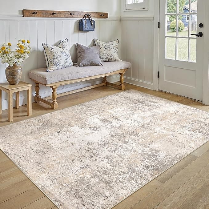 4x6 Washable Area Rug Beige Grey Abstract Non Slip Soft Low Pile Rug for Entryway Kitchen Bathroom Neutral Modern Throw Carpet for Living Room Bedroom Home Decor