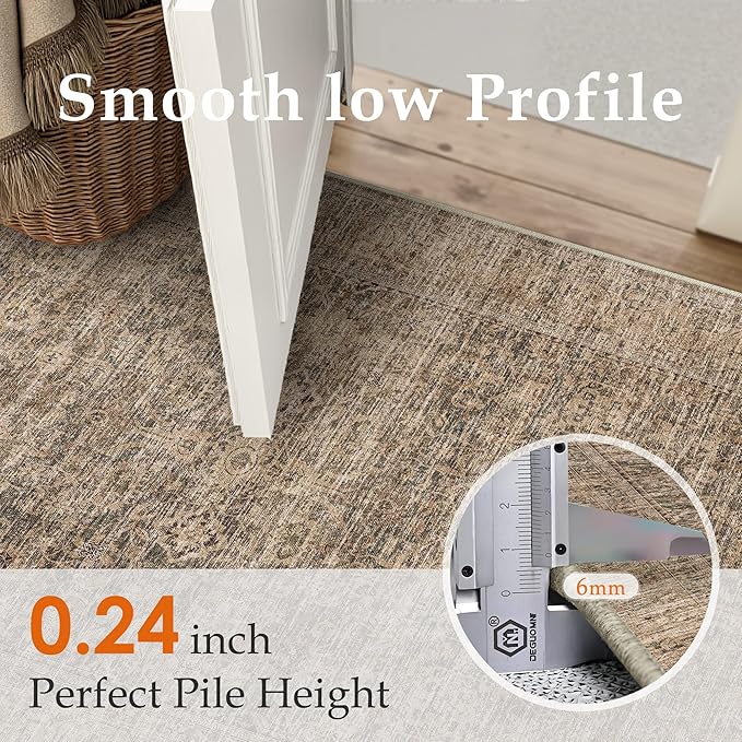 PureCozy Washable Area Rug 2x3, Small Non-Slip Brown Entryway Door Mat Vintage Low Plie Thin Indoor Kitchen Bathroom Rug Retro Accent Throw Entrance Bedroom Office Carpet
