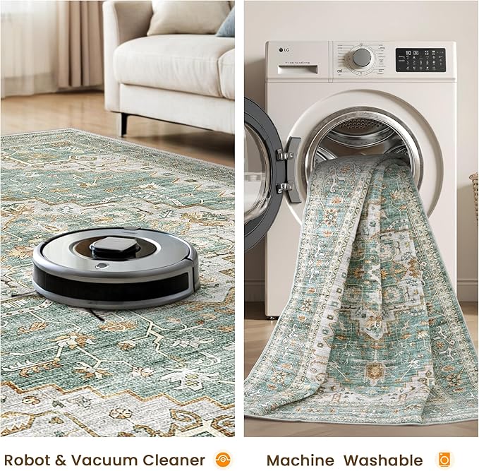 Area Rugs for Living Room - 3x5, Boho Non-Slip Low Pile Carpet Machine Washable Rugs for Bedroom, Farmhouse, Office, Dining Room (Green)