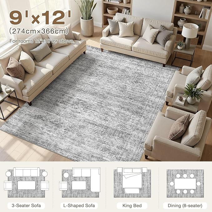 cotiled Large Area Rugs for Living Room 9x12, Machine Washable Rugs with Non Slip Backing Modern Neutral Abstract Rugs Stain Resistant Distressed Carpets for Home Office Decor (9x12 Dark Grey)