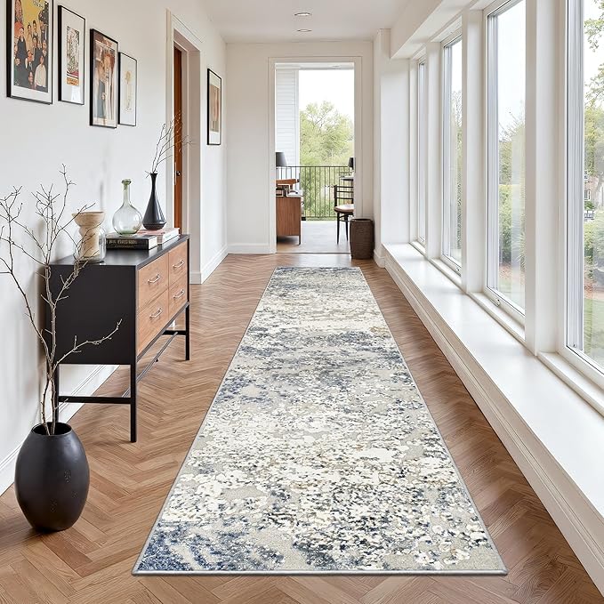 Art&Tuft Runner Rug 2'6"x10' - Anti-Slip Backing Abstract Hallway Rug, Stain Resistant Kitchen Runner, Foldable Machine Washable Runner Rug(2'6"x10', Blue)