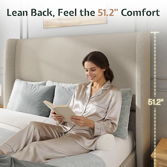 Jocisland King Size Bed Frame 51.2" Wingback Headboard Linen Upholstered Platform Bed with Solid Wood Legs & Wooden Slats, No Box Spring Needed, Modern Minimalist Style, Easy Assembly, Brown
