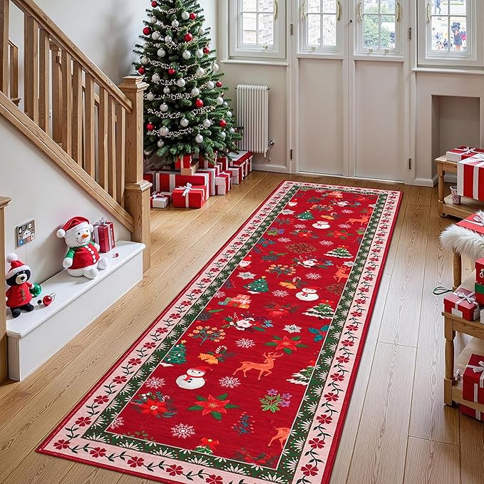 Garvee 2x6 Christmas Long Hallway Runner Rug Boho Xmas Kitchen Runner Rug Washable Carpet Decorative Romance Throw Rugs Non-Slip Area Rug for Bedroom Living Room Kitchen Nursery, Red
