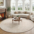 FMFUNCTEX 8ft Round Washable Area Rug Beige Vintage Neutral Oriental Distressed Large Non Slip Carpet for Living Room Bedroom Soft Low Pile Indoor Floral Retro Cream Rug for Dining Office Nursery