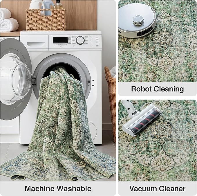 FMFUNCTEX 8x10 Green Washable Area Rug Vintage Distressed Oriental Non Slip Low Pile Neutral Indoor Carpet for Living Room Bedroom Soft Retro Floral Thin Large Rug for Dining Nursery Office Dorm