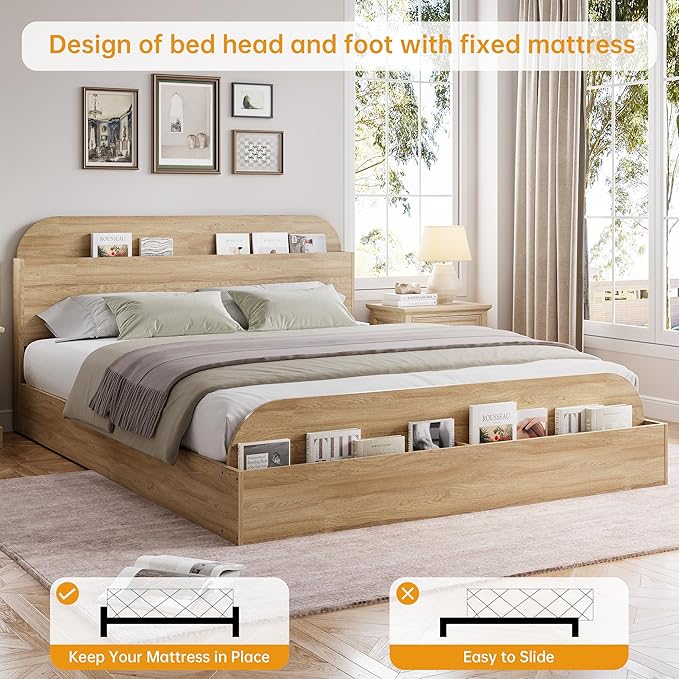 GarveeHome Full Size Bed Frame, Wooden Beds with Storage Headboard and Raised-Foodboard, Full-Floor Low Platform Bed for Bedroom, Sturdy Wooden Slats Support, No Box Spring Needed, Natural