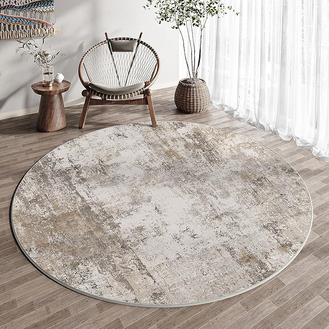 5x5 Washable Round Rug Brown Grey Abstract Non Slip Soft Low Pile Circle Rug for Living Room Bedroom Neutral Modern Indoor Carpet for Dining Room Office Entryway Home Decor