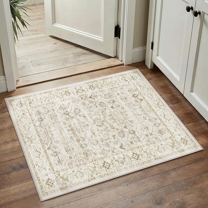 2x3 Beige Washable Neutral Area Rug for Living Room Soft Floral Non Slip Throw Rug Modern Low Pile Stain Resistance Doormat Distressed Carpet Entrance Dining Laundry Room Kitchen Bathroom