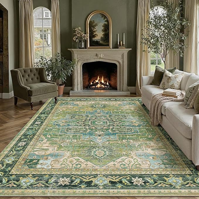 8x10 Washable Vintage Area Rug Green Oriental Living Room Bedroom Throw Rug Neutral Non Slip Soft Low Pile Carpet for Dining Room Office Nursery Indoor