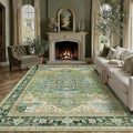 9x12 Washable Vintage Area Rug Green Oriental Living Room Bedroom Throw Rug Neutral Non Slip Soft Low Pile Carpet for Dining Room Office Nursery Indoor