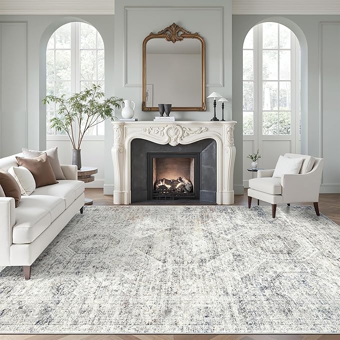 Soalmost 9x12 Area Rugs for Living Room, Non Slip Machine Washable Vintage Rugs, Low Pile Lightweight Large Rug for Bedroom, Dining Room, Home Office Blue/Ivory