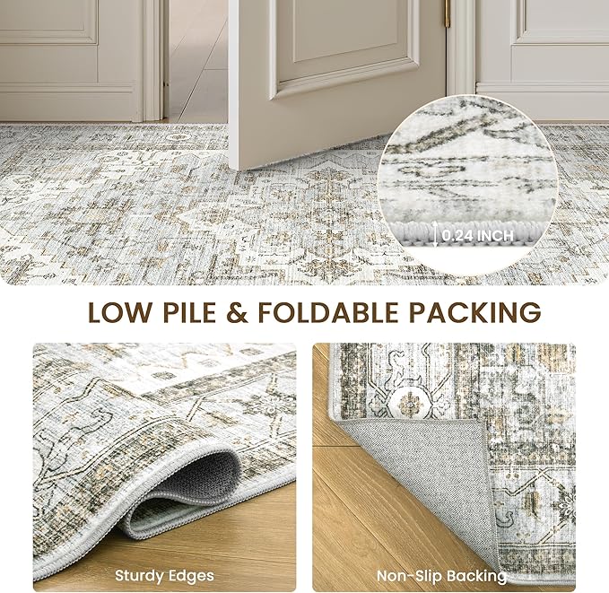 Area Rugs for Living Room - 9x12, Boho Non-Slip Low Pile Carpet Machine Washable Rugs for Bedroom, Farmhouse, Office, Dining Room (Blue)