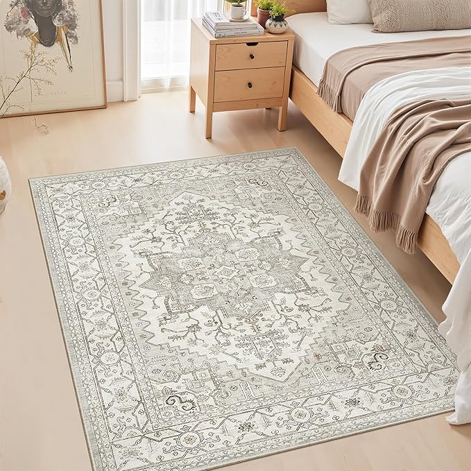Area Rugs for Living Room - 4x6, Boho Non-Slip Low Pile Carpet Machine Washable Rugs for Bedroom, Farmhouse, Office, Dining Room (Beige)