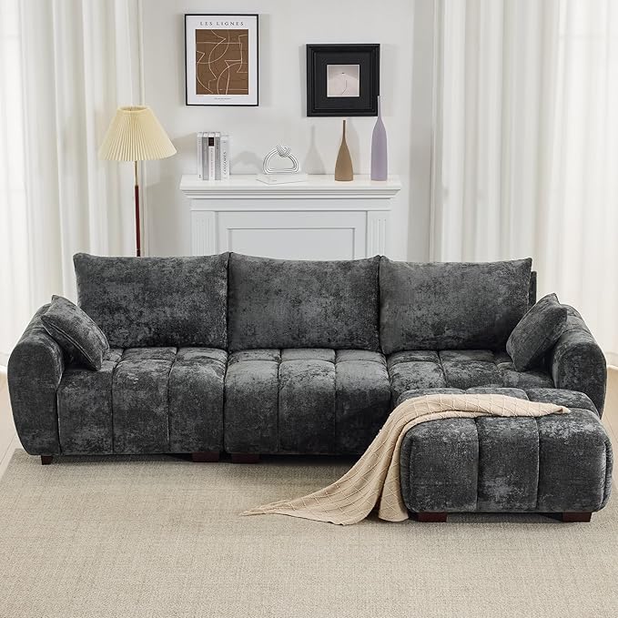 112" Mid Century Modern L Shaped Couch, 3 Seater Modular Sectional Sofa with Movable Ottoman, Deep Seat and Solid Wood Legs, Cloud Couch for Living Room, Chenille Tufted Sofa, Grey