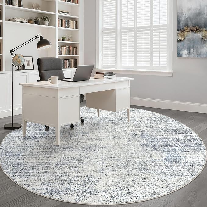 8ft Round Rug Living Room: 8x8 Washable Large Neutral Blue Circle Area Rug Abstract Soft Modern Stain Resistant Indoor Floor Non-Slip Carpet for Bedroom Nursery Kids Office Playroom Dining Room