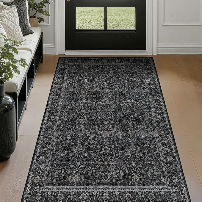 Vintage Dark 3x5 Entryway Rug Indoor Foyer, Earth Tone Farmhouse Throw Rug for Kitchen Bathroom, Machine Washable Non Slip Thin Area Rug for Nursery/Bedroom Bedside/Home Office/Dorm, Midnight