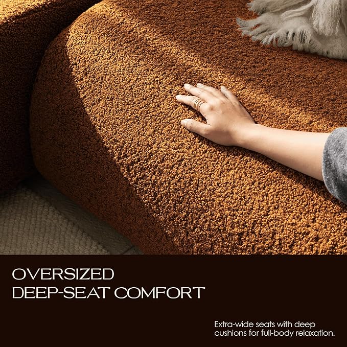 Curved Modular Single Sofa Chair, 33" Foam Boneless Sherpa Couch, Comfy Teddy sofas for Small Spaces, Modern Sectional Couches for Living Room, Bedroom, Apartment, Dorm, Office– No Assembly, Orange