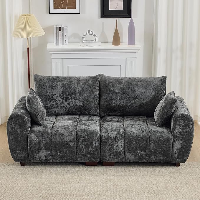81.5" Chenille Love Seat Sofa, 2 Seater Modular Sectional Couch with Deep Seat, Solid Wood Legs, Cloud Couch for Bedroom, Living Room, Mid Century Modern Loveseat, Tufted Sofa, Grey