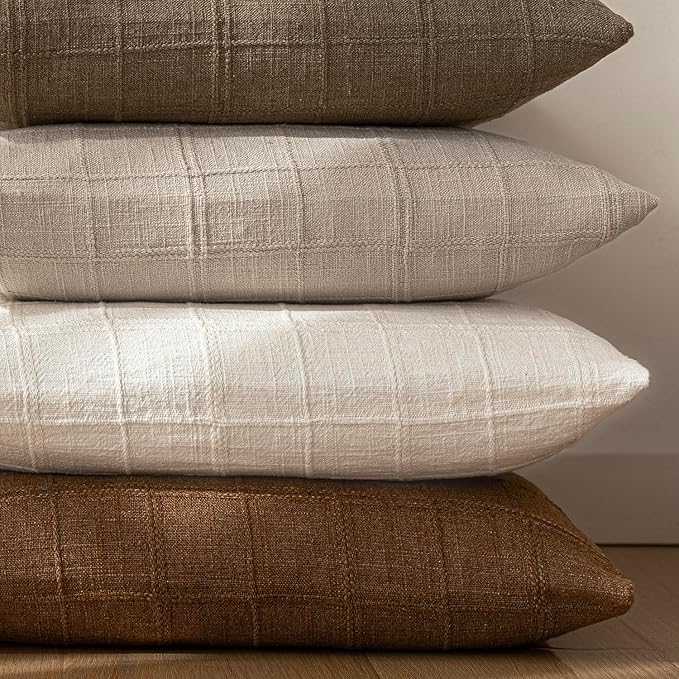 Foindtower Set of 2 Decorative Linen Check Throw Pillow Covers Neutral Farmhouse Vintage Cushion Covers Modern Boho Home Decor for Sofa Chair Couch Bedroom Living Room,26×26 Inch,Natural Linen