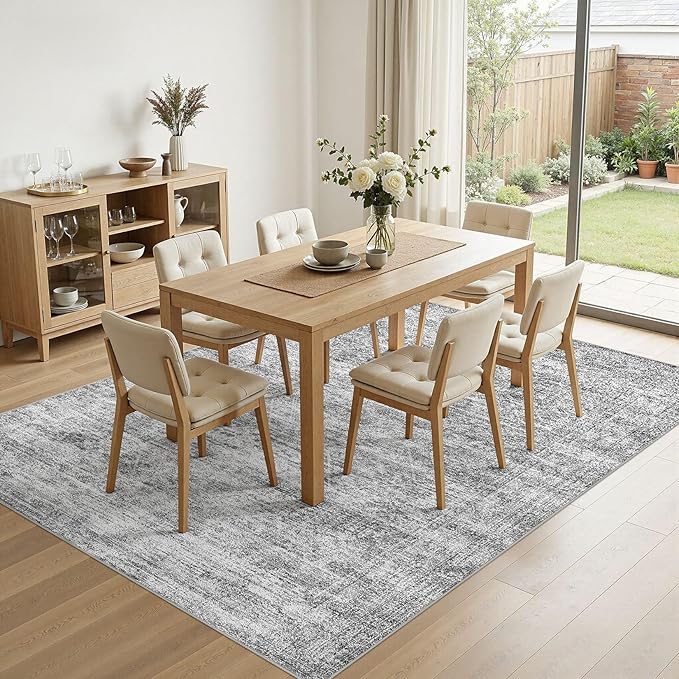 cotiled Large Area Rugs for Living Room 8x10, Machine Washable Rugs with Non Slip Backing Modern Neutral Abstract Rugs Stain Resistant Distressed Carpets for Home Office Decor (8x10 Dark Grey)