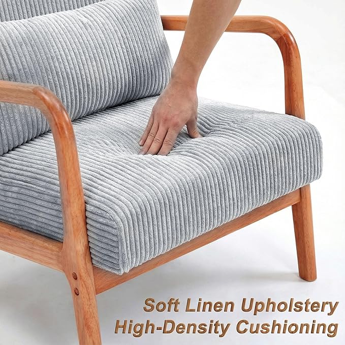 Set of 2 Mid Century Modern Accent Chair with Solid Rubberwood Frame, Comfy Corduroy Reading Armchair with Lumbar Pillow, Compact Lounge Chair for Bedroom, Nursery & Small Spaces, Light Grey